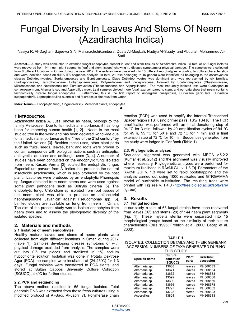 Fungal Diversity in Leaves and Stems of Neem (Azadirachta Indica)