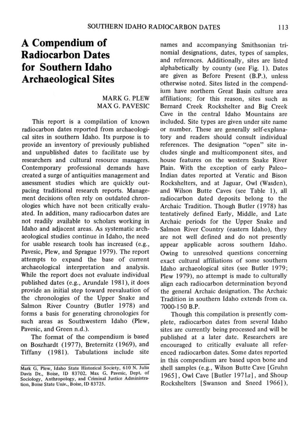 A Compendium of Radiocarbon Dates for Southern Idaho Archaeological