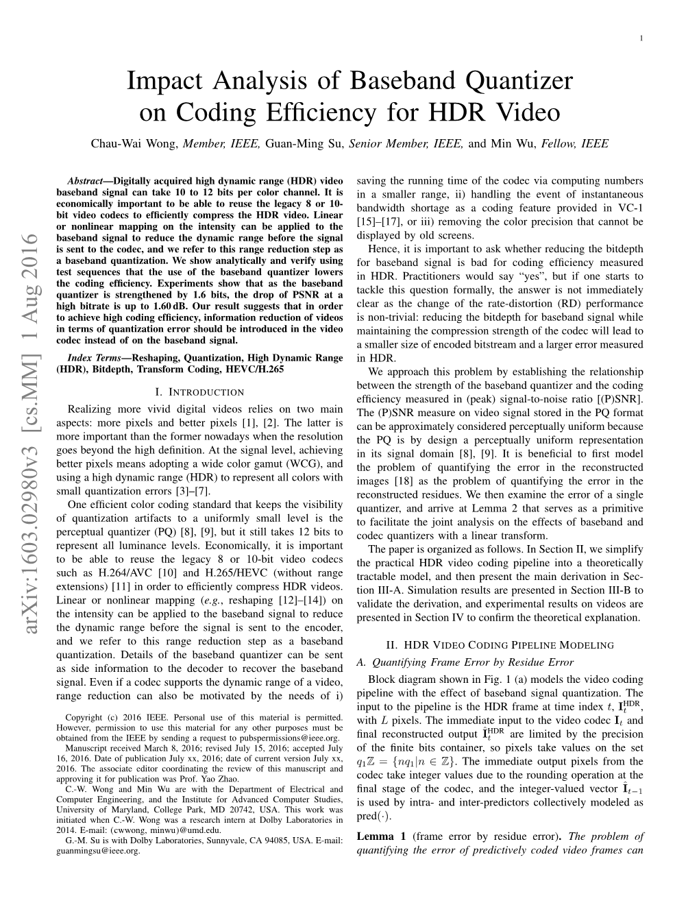 Impact Analysis of Baseband Quantizer on Coding Efficiency for HDR Video