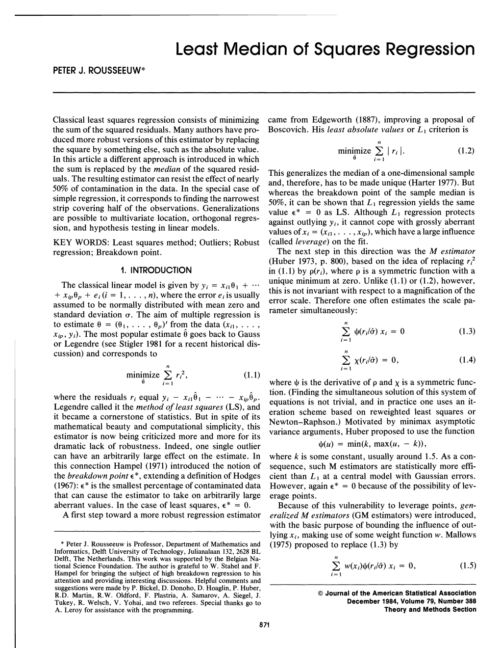 Rousseeuw: Least Median of Squares Regression