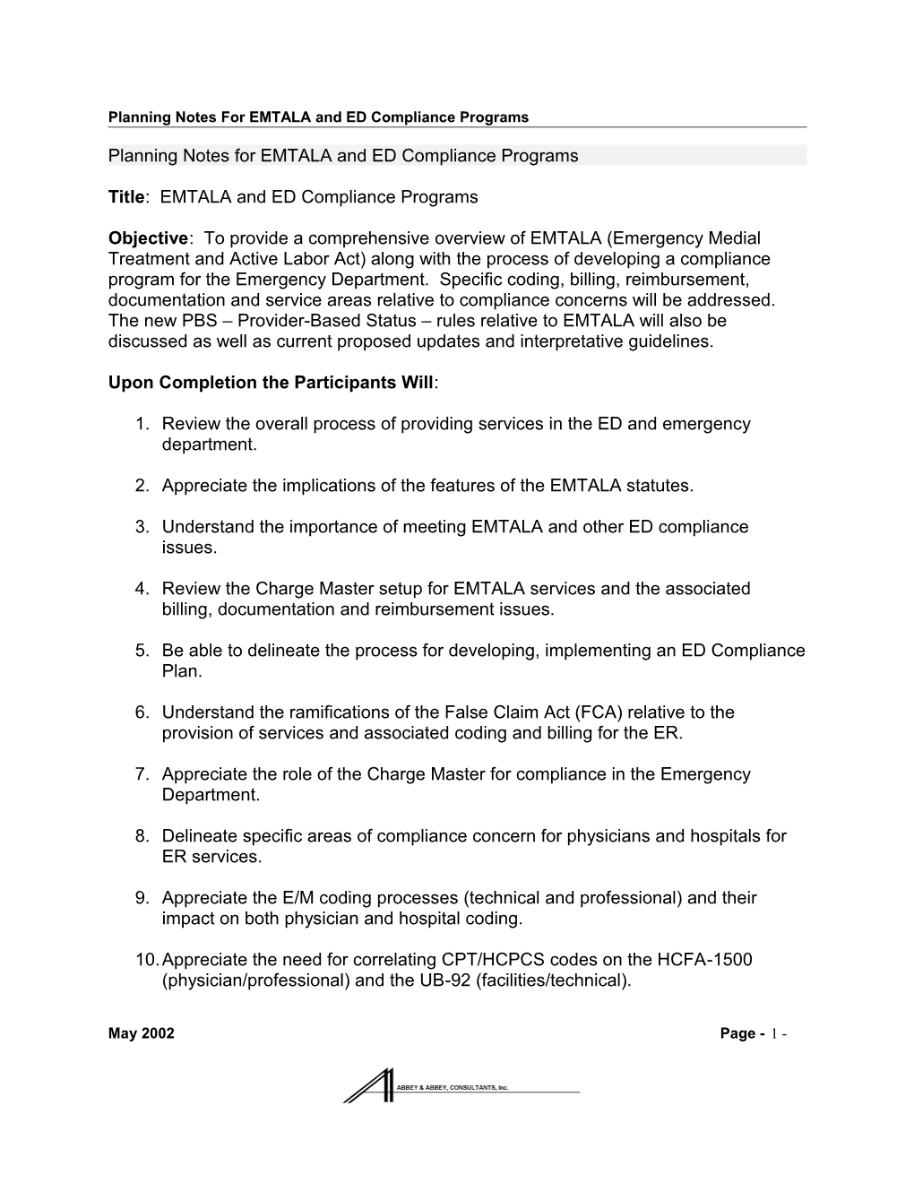 Planning Notes For Emergency Room Coding, Billing & Reimbursement