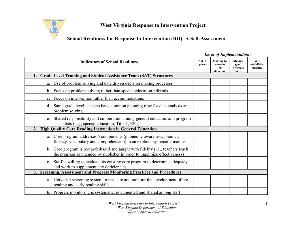 School Readiness for Response to Intervention (Rti): a School Self-Assessment