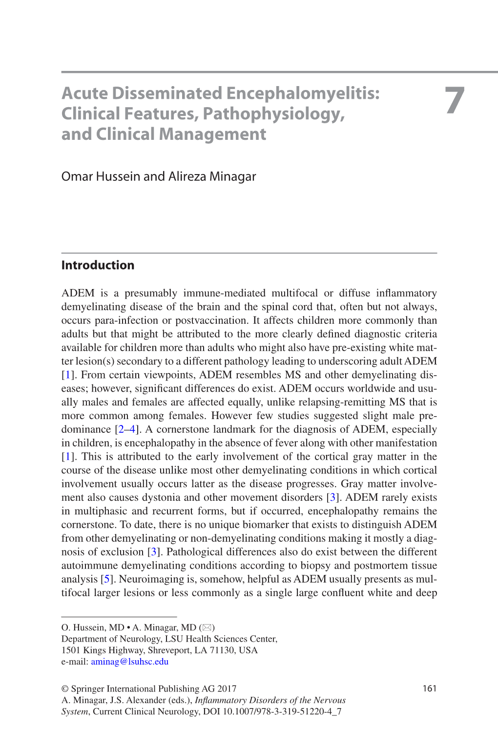 Acute Disseminated Encephalomyelitis: Clinical Features, Pathophysiology, 7 and Clinical Management