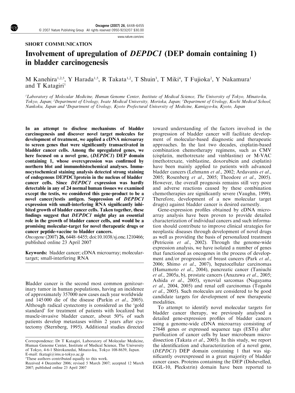 Involvement of Upregulation of DEPDC1 (DEP Domain Containing 1) in Bladder Carcinogenesis