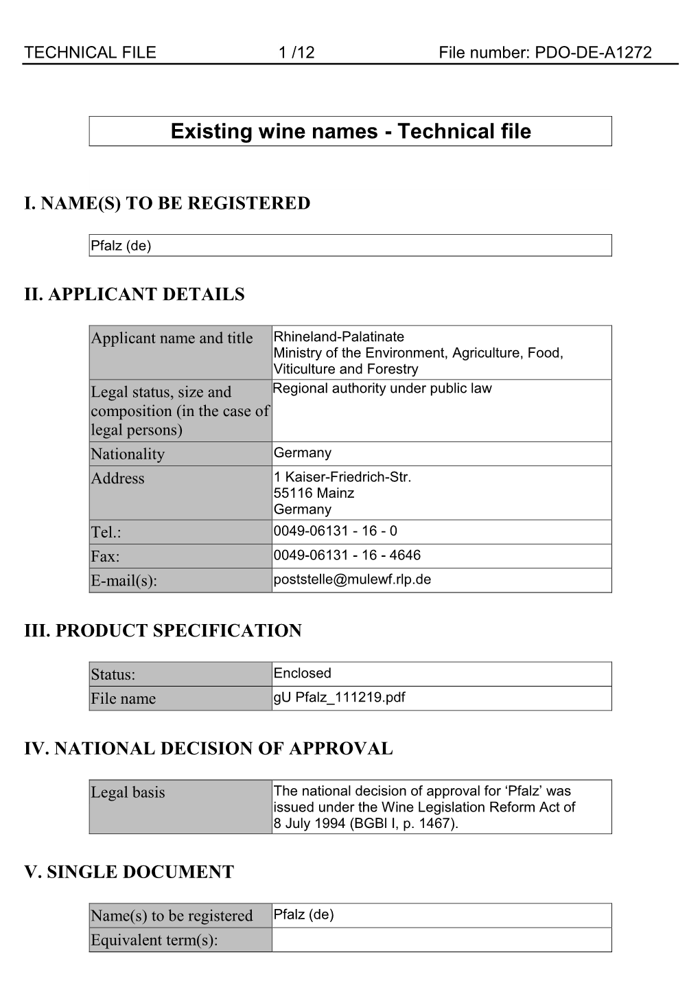 Existing Wine Names - Technical File