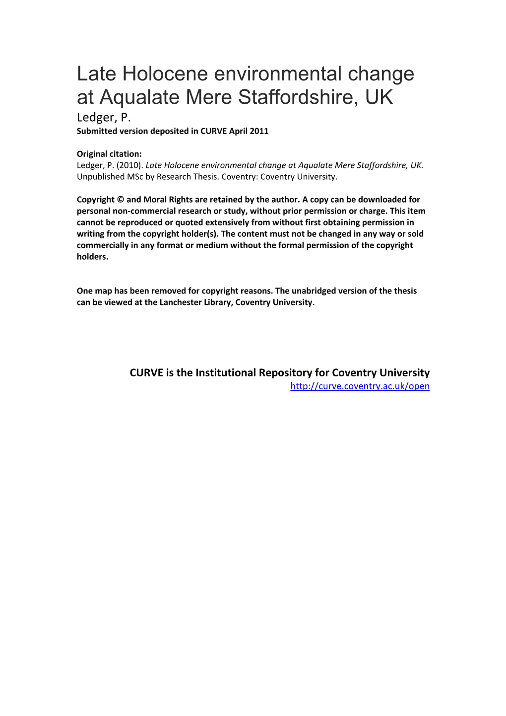 Late Holocene Environmental Change at Aqualate Mere Staffordshire, UK Ledger, P