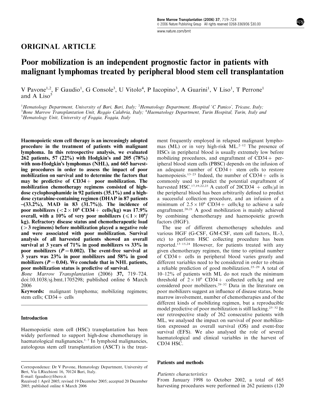 Poor Mobilization Is an Independent Prognostic Factor in Patients with Malignant Lymphomas Treated by Peripheral Blood Stem Cell Transplantation