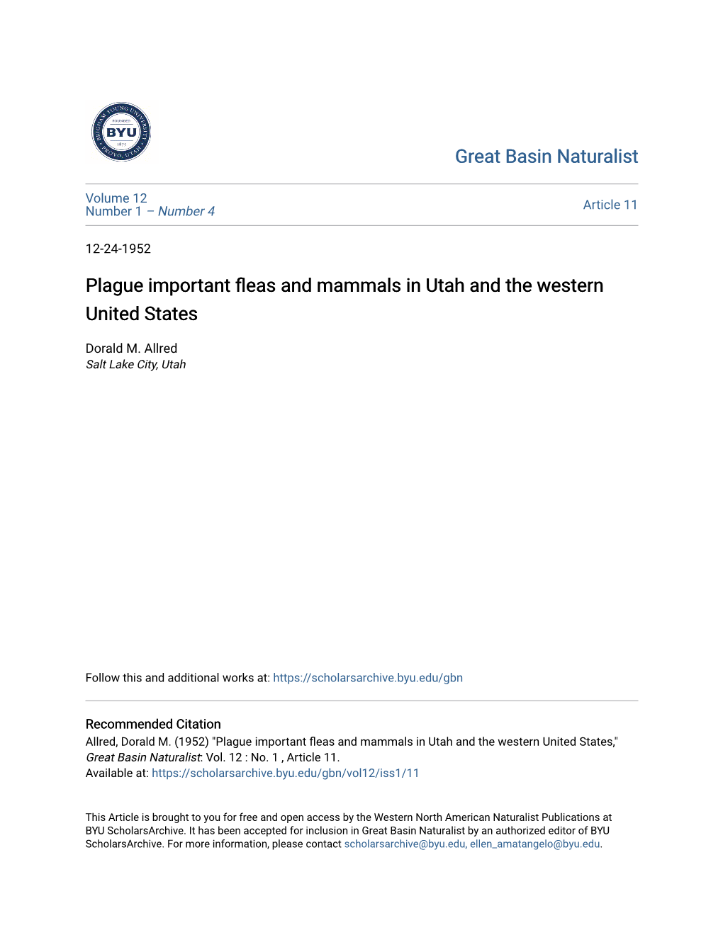 Plague Important Fleas and Mammals in Utah and the Western United States