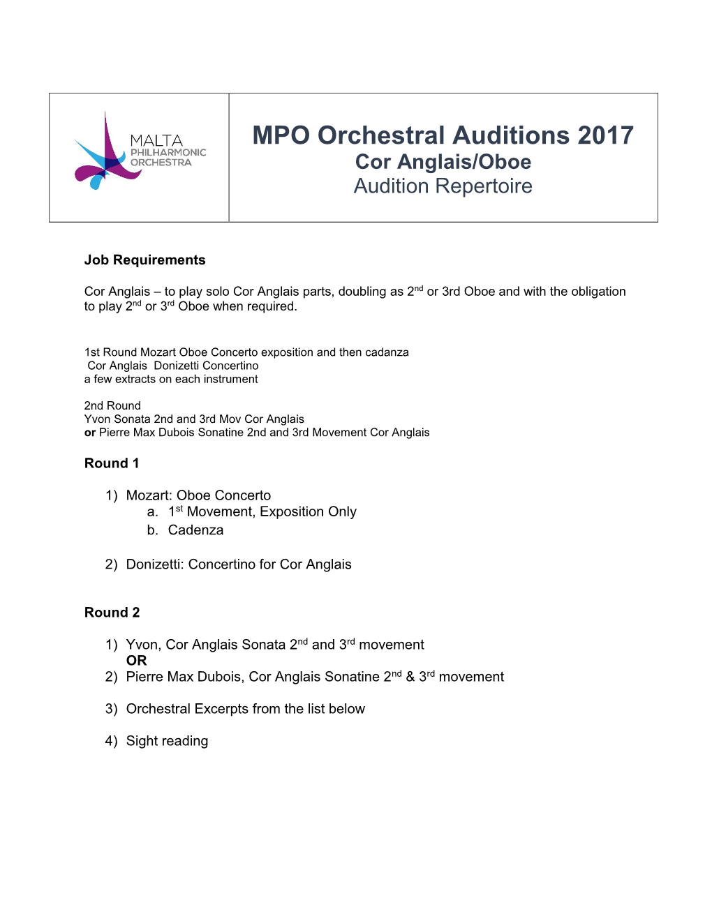 MPO Orchestral Auditions 2017 Cor Anglais/Oboe Audition Repertoire