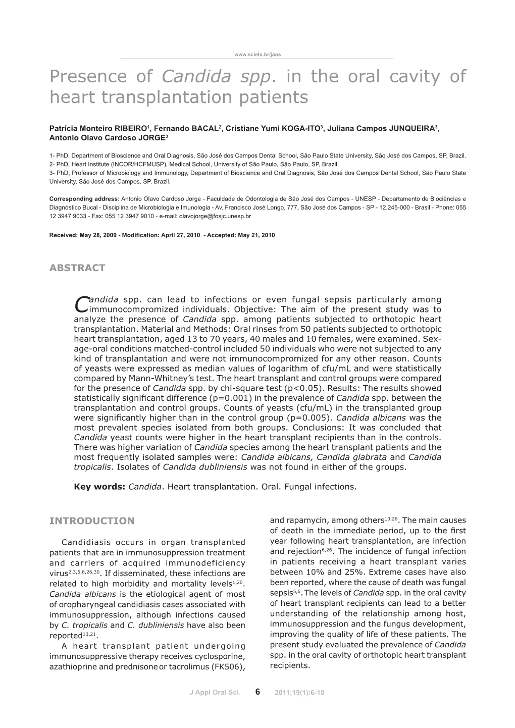 Presence of Candida Spp. in the Oral Cavity of Heart Transplantation Patients