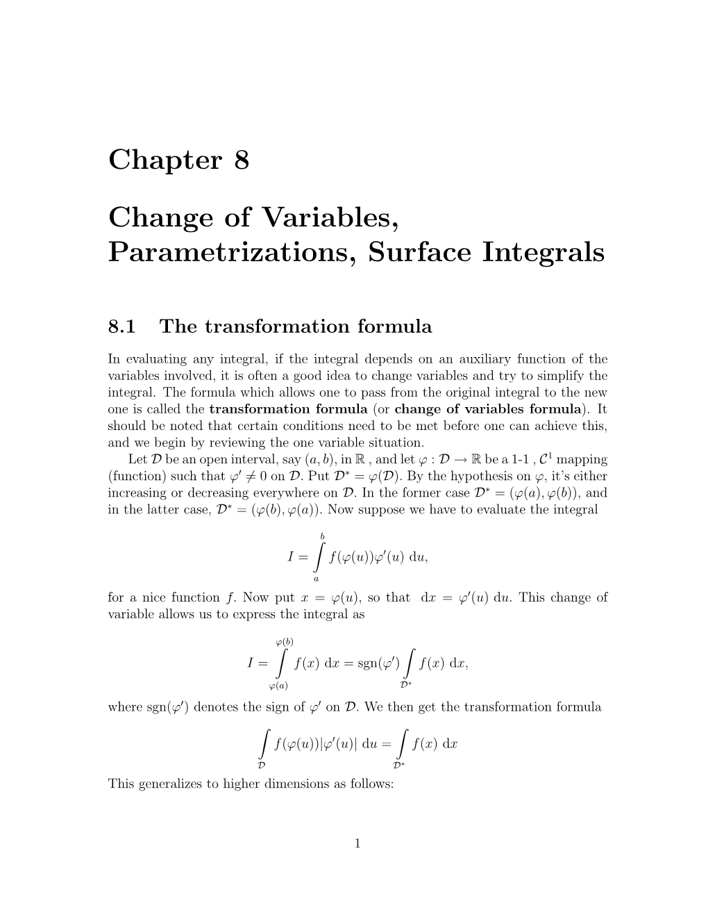 Chapter 8 Change of Variables, Parametrizations, Surface Integrals