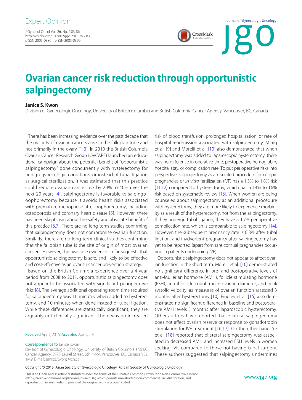 Ovarian Cancer Risk Reduction Through Opportunistic Salpingectomy