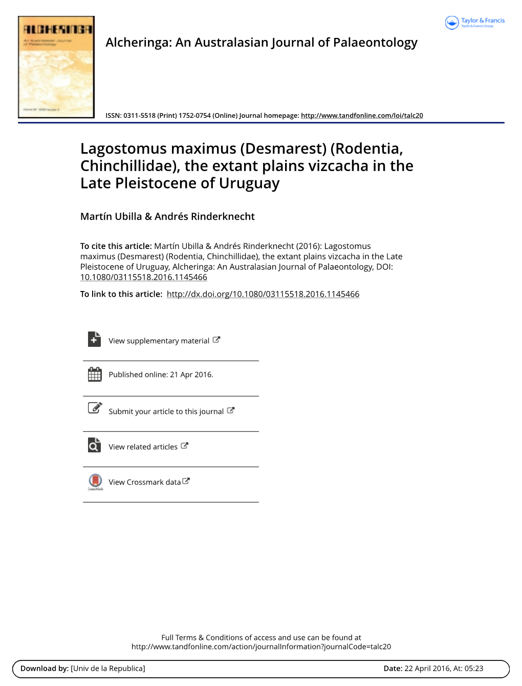 Lagostomus Maximus (Desmarest) (Rodentia, Chinchillidae), the Extant Plains Vizcacha in the Late Pleistocene of Uruguay