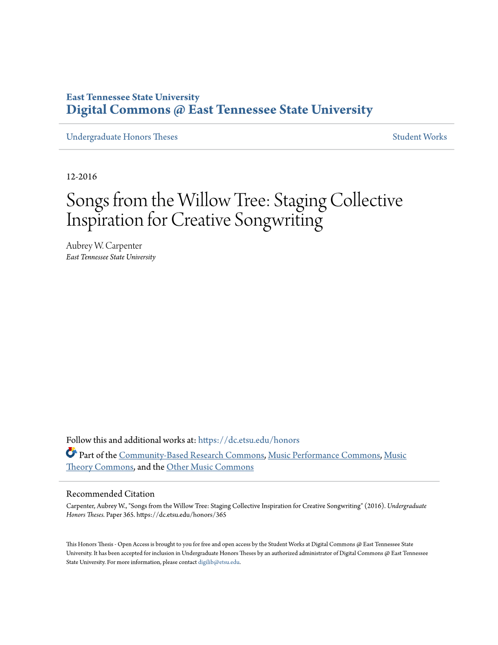 Songs from the Willow Tree: Staging Collective Inspiration for Creative Songwriting Aubrey W