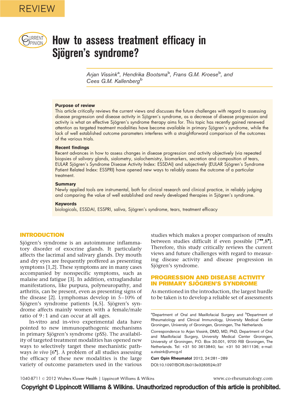 How to Assess Treatment Efficacy in Sjo¨Gren's Syndrome?