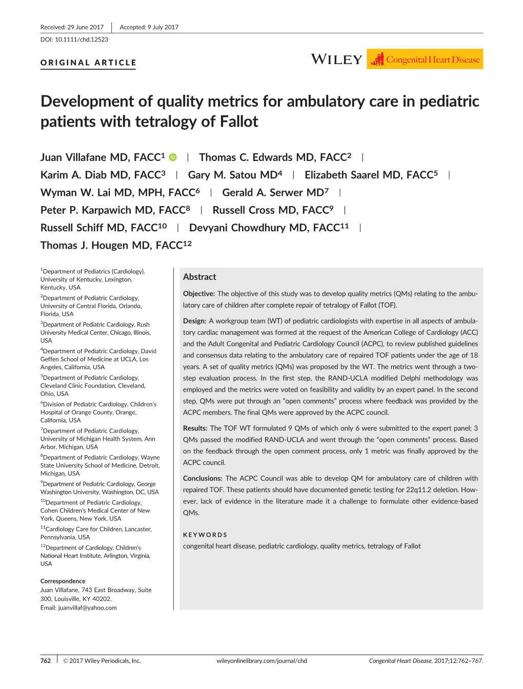 Development of Quality Metrics for Ambulatory Care in Pediatric Patients with Tetralogy of Fallot