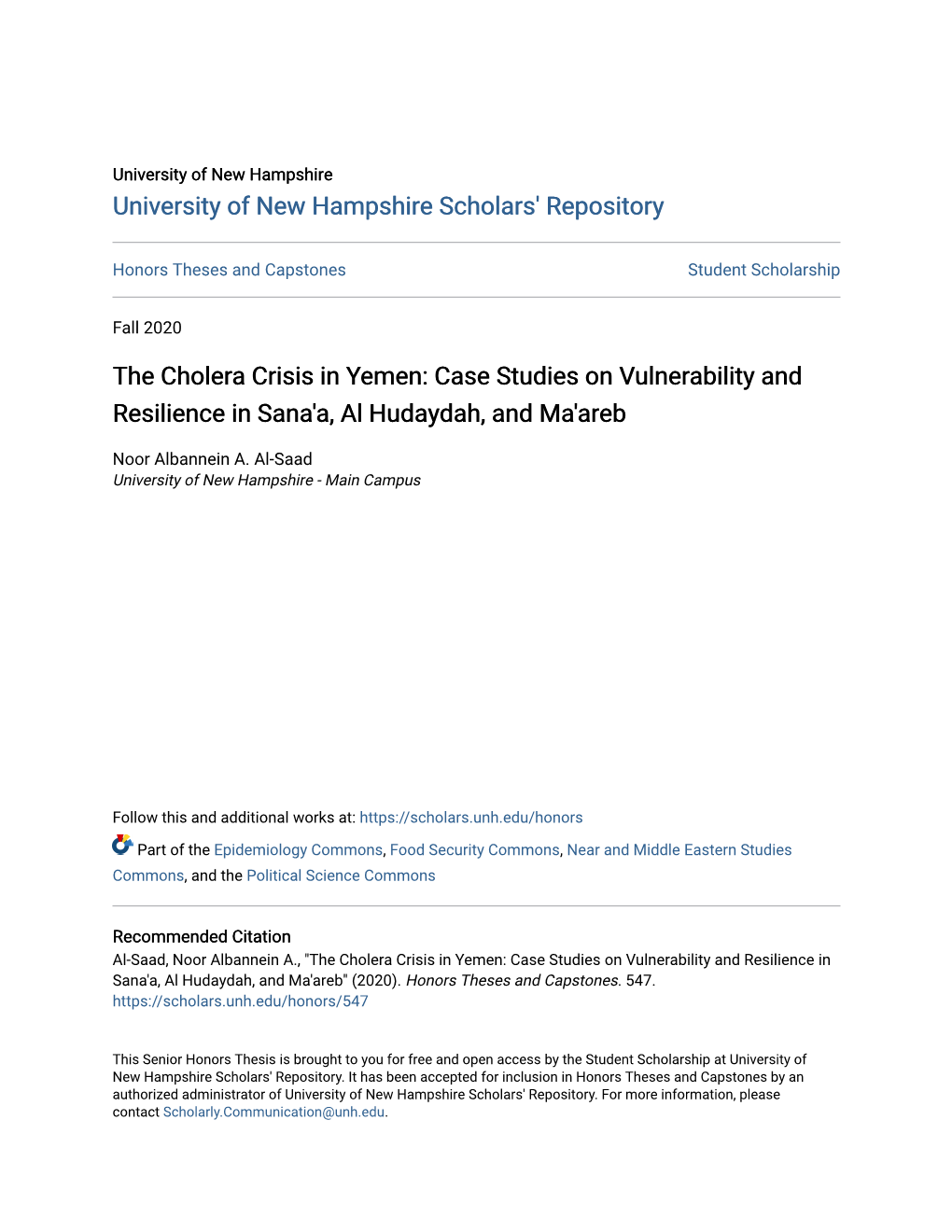 The Cholera Crisis in Yemen: Case Studies on Vulnerability and Resilience in Sana'a, Al Hudaydah, and Ma'areb