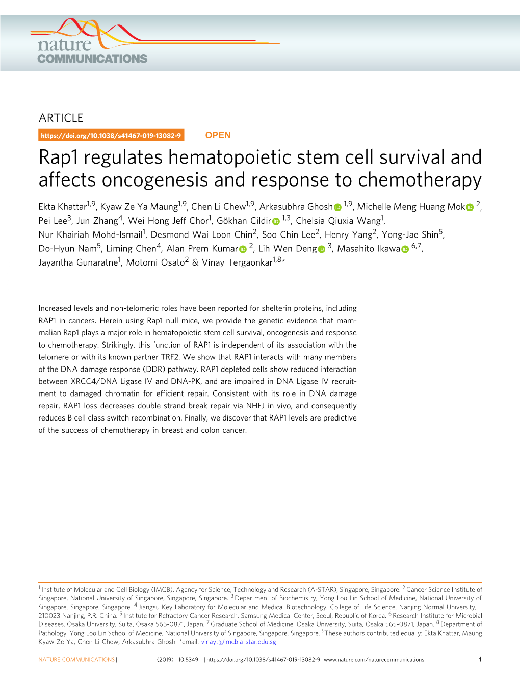 Rap1 Regulates Hematopoietic Stem Cell Survival and Affects Oncogenesis and Response to Chemotherapy