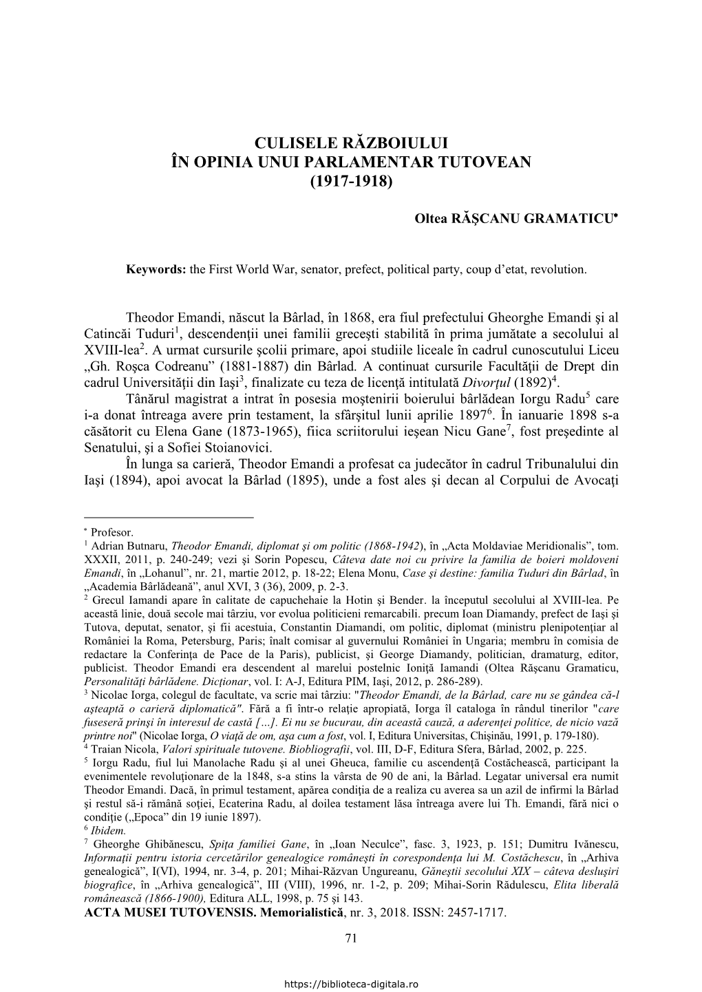 Culisele Războiului În Opinia Unui Parlamentar Tutovean (1917-1918)