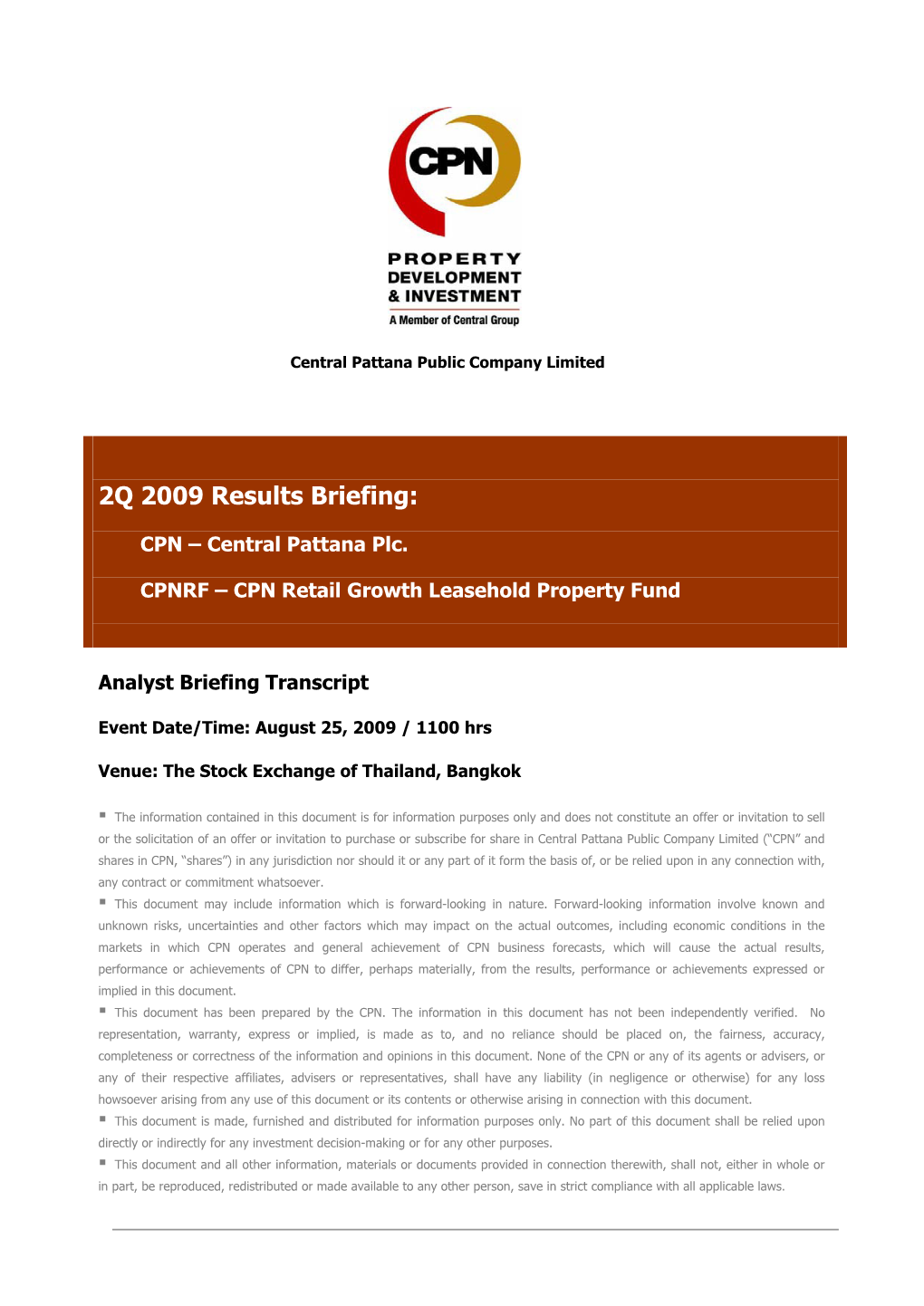 2Q 2009 Results Briefing