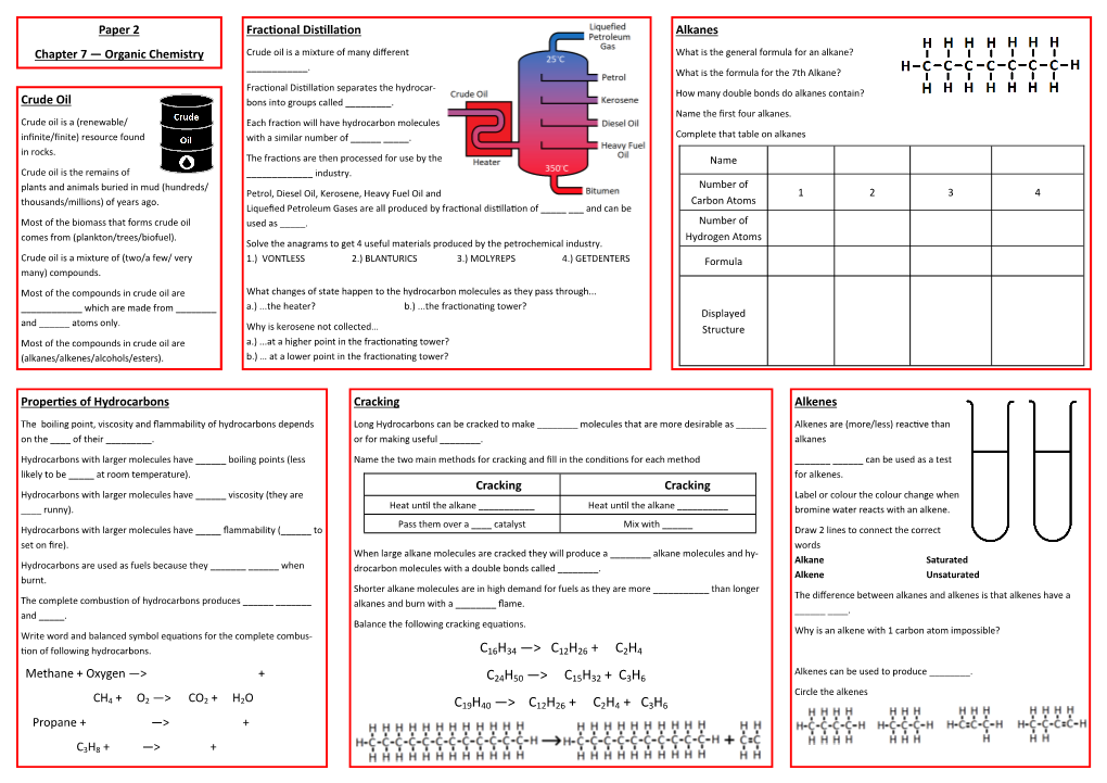 Organic Chemistry Crude Oil Is a Mixture of Many Different What Is the General Formula for an Alkane? ______