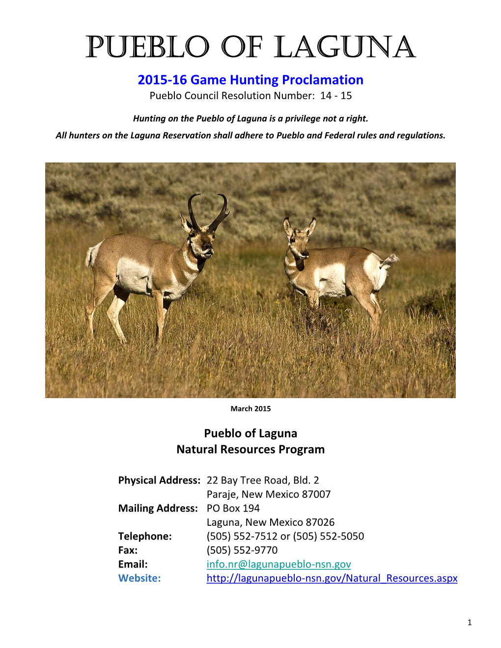 2015-16 Big Game Hunting Proclamation