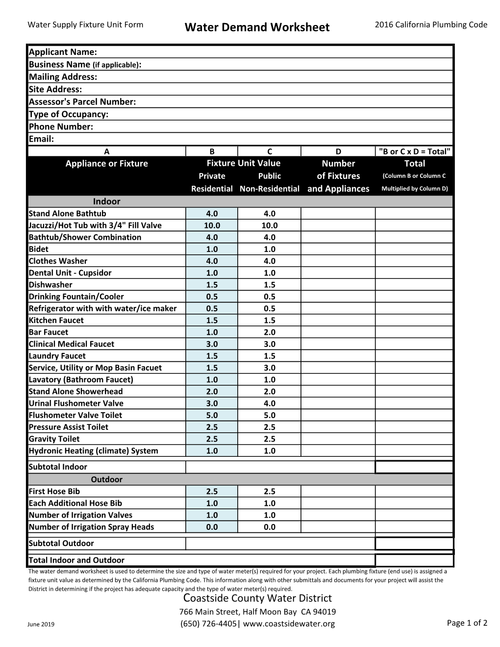 Water Demand Worksheet 2016 California Plumbing Code