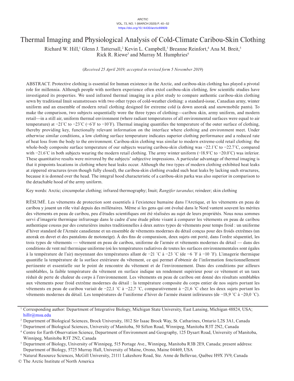 Thermal Imaging and Physiological Analysis of Cold-Climate Caribou-Skin Clothing Richard W