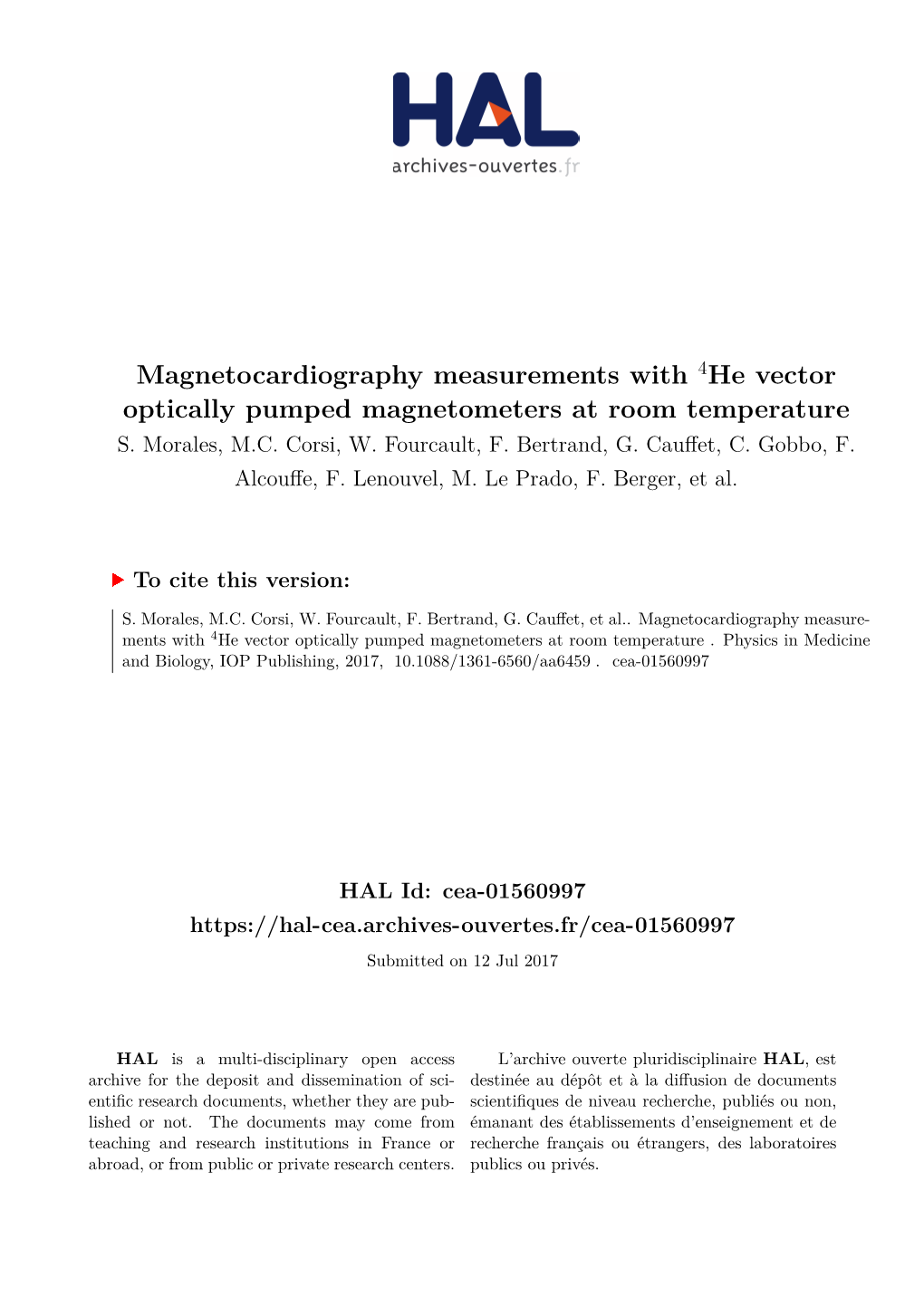 Magnetocardiography Measurements with 4He Vector Optically Pumped Magnetometers at Room Temperature S