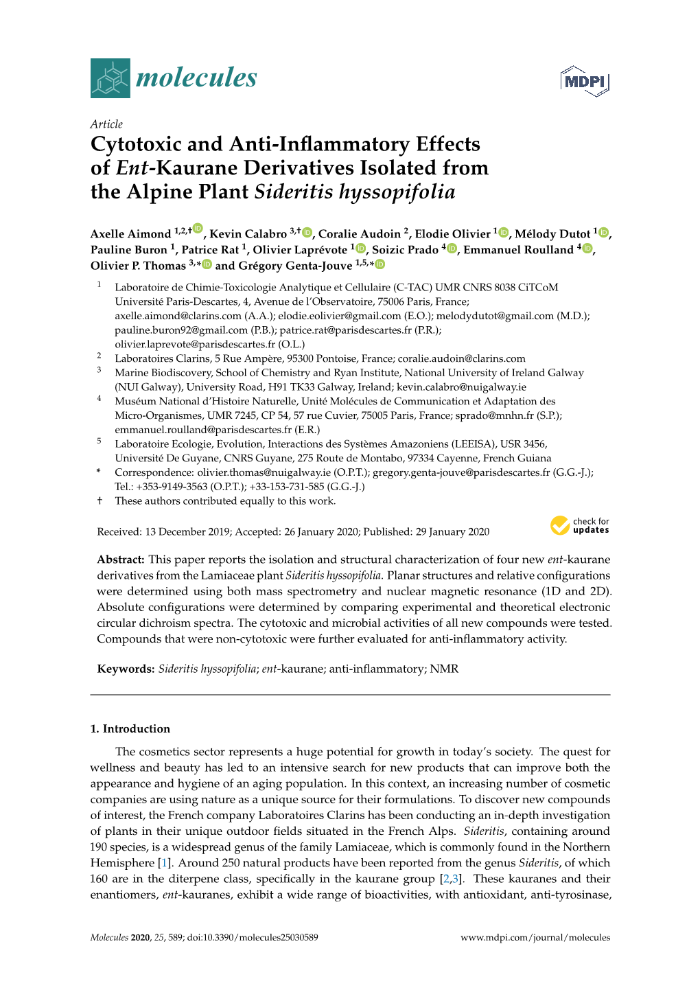 Cytotoxic and Anti-Inflammatory Effects of Ent-Kaurane Derivatives