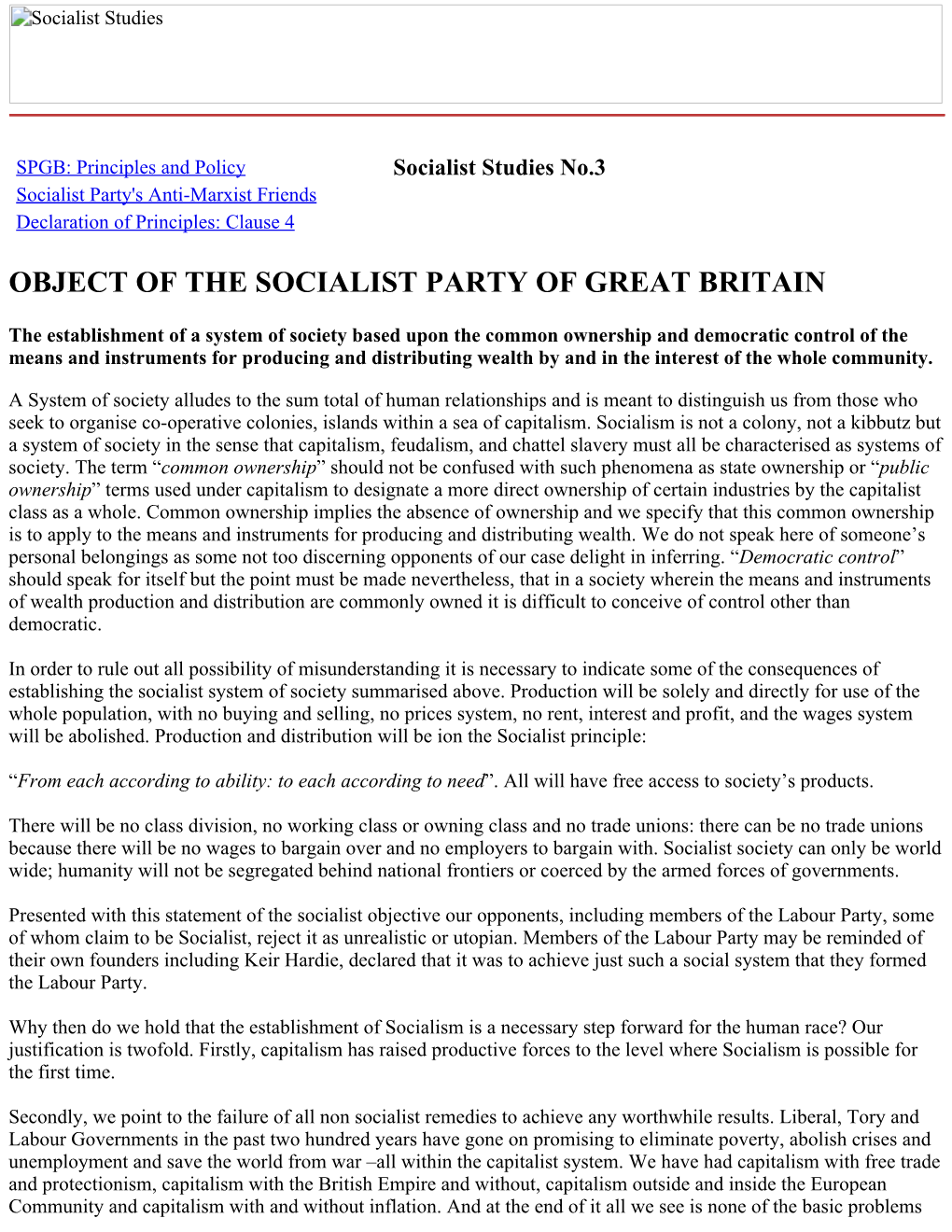 Object of the Socialist Party of Great Britain
