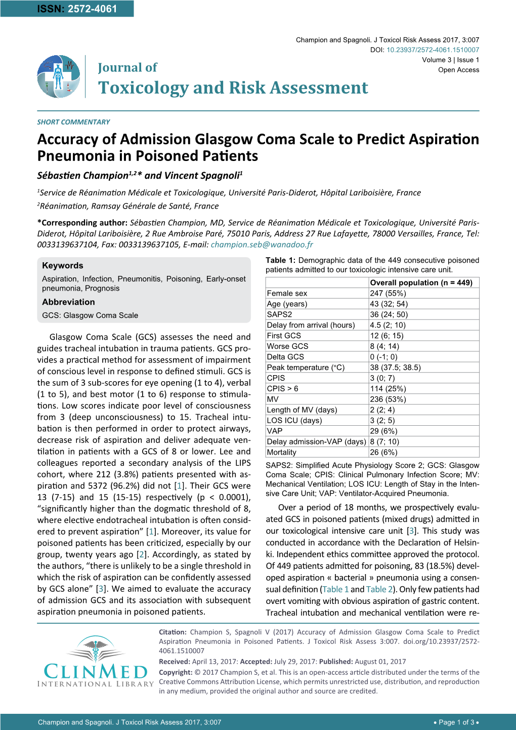 Accuracy of Admission Glasgow Coma Scale to Predict Aspiration Pneumonia in Poisoned Patients