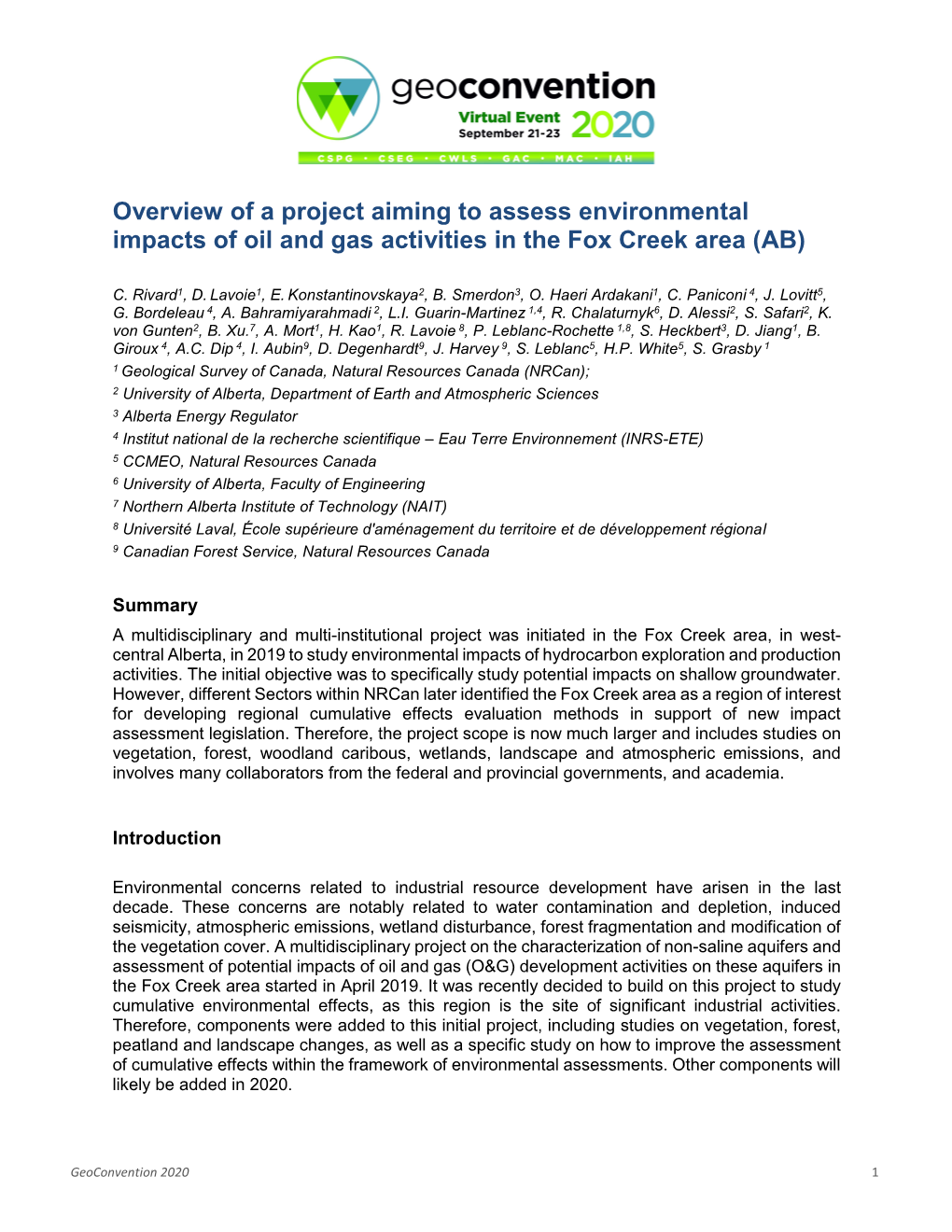 Overview of a Project Aiming to Assess Environmental Impacts of Oil and Gas Activities in the Fox Creek Area (AB)