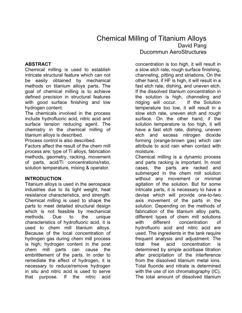 Chemical Milling of Titanium Alloys David Pang Ducommun Aerostructures