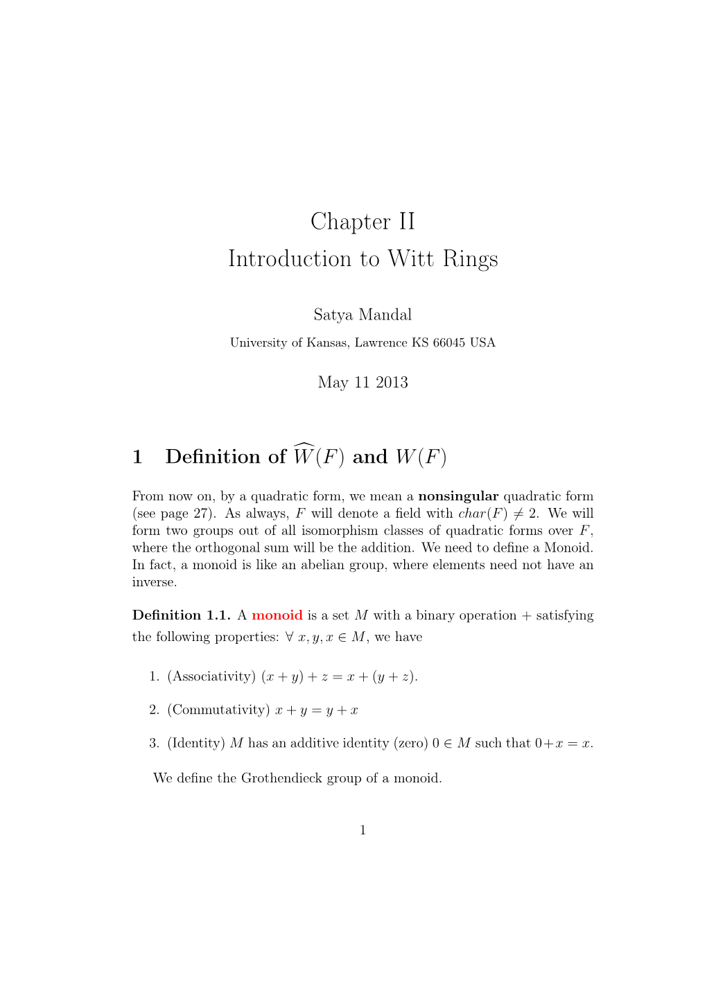 Chapter II Introduction to Witt Rings