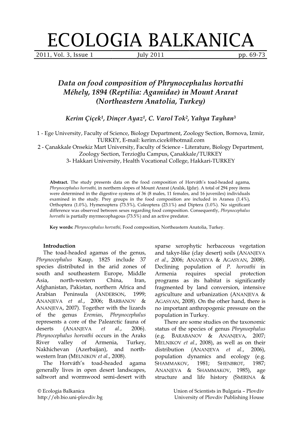 Data on Food Composition of Phrynocephalus Horvathi Méhely, 1894 (Reptilia: Agamidae) in Mount Ararat (Northeastern Anatolia, Turkey)