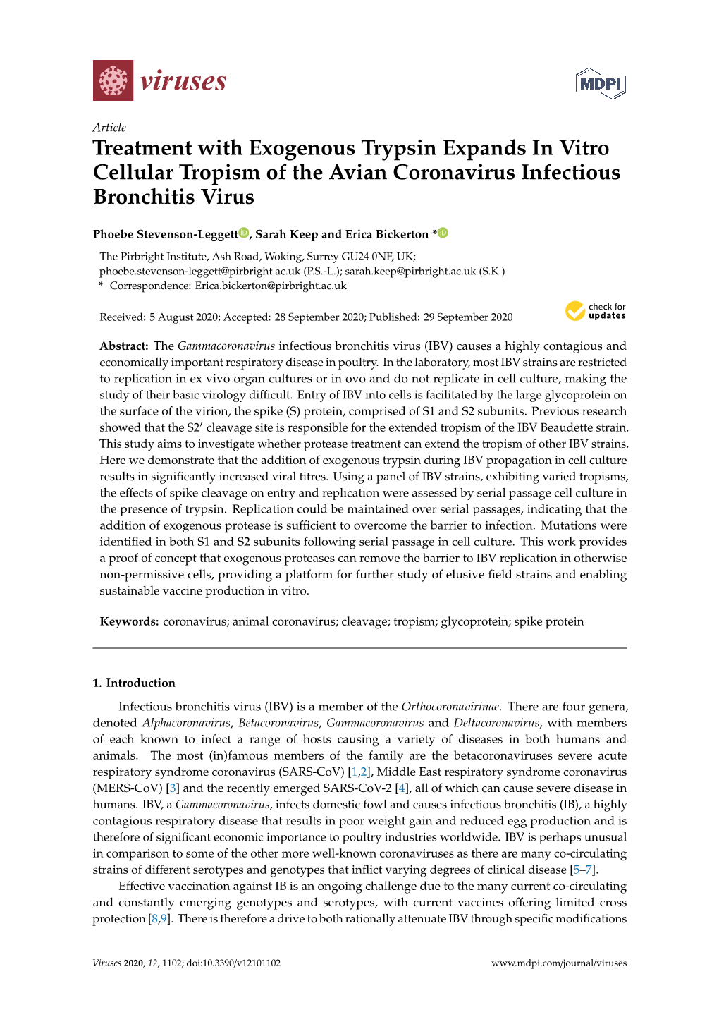 Treatment with Exogenous Trypsin Expands in Vitro Cellular Tropism of the Avian Coronavirus Infectious Bronchitis Virus