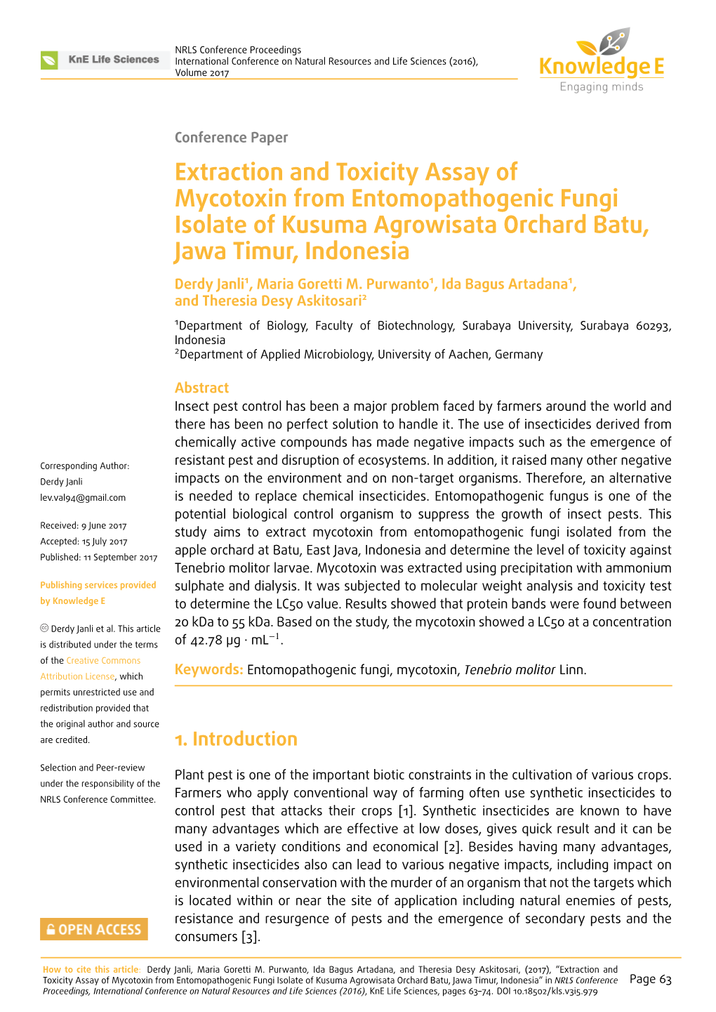 Extraction and Toxicity Assay of Mycotoxin from Entomopathogenic Fungi Isolate of Kusuma Agrowisata Orchard Batu, Jawa Timur, Indonesia Derdy Janli1, Maria Goretti M