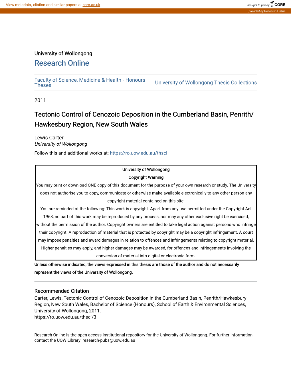 Tectonic Control of Cenozoic Deposition in the Cumberland Basin, Penrith/ Hawkesbury Region, New South Wales