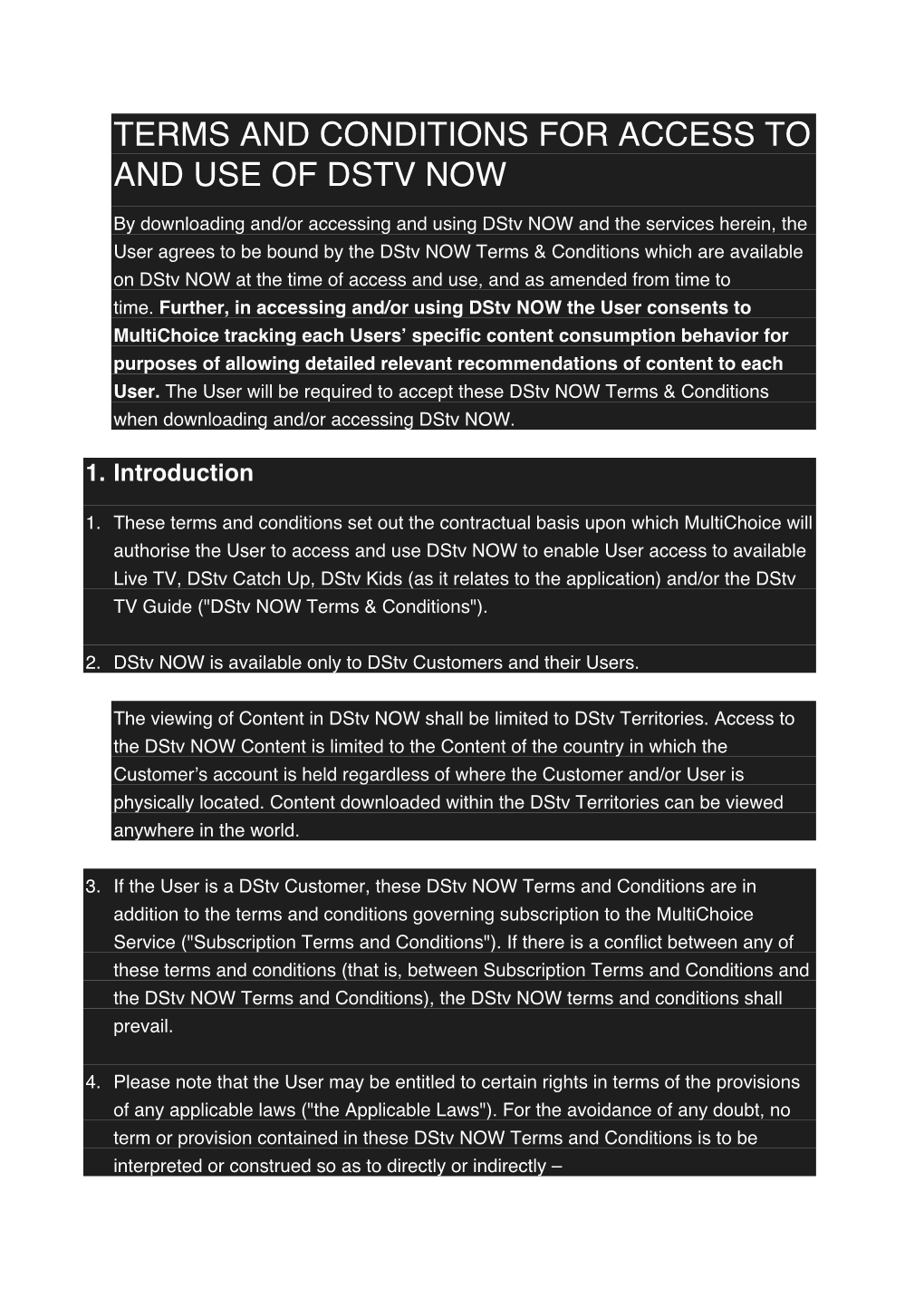 Terms and Conditions for Access to and Use of Dstv Now