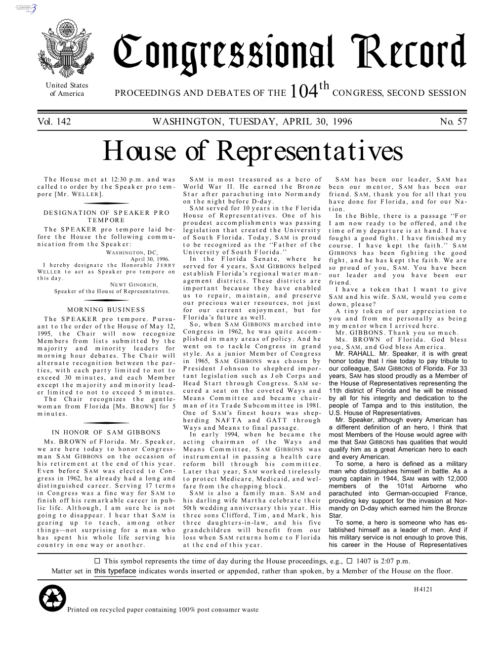 Congressional Record United States Th of America PROCEEDINGS and DEBATES of the 104 CONGRESS, SECOND SESSION