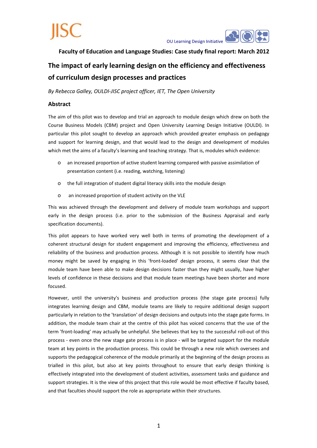 The Impact of Early Learning Design on the Efficiency and Effectiveness of Curriculum Design Processes and Practices