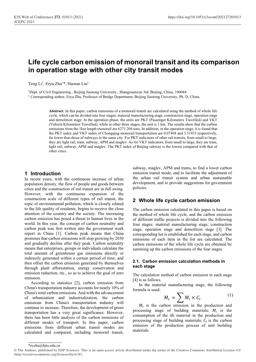 Life Cycle Carbon Emission of Monorail Transit and Its Comparison in Operation Stage with Other City Transit Modes
