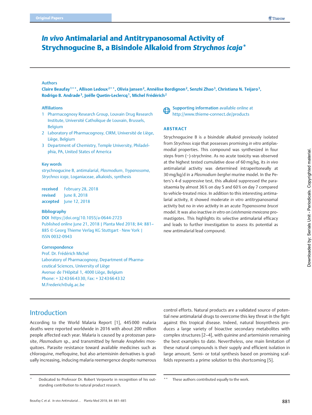 In Vivo Antimalarial and Antitrypanosomal Activity of Strychnogucine B, a Bisindole Alkaloid from Strychnos Icaja*