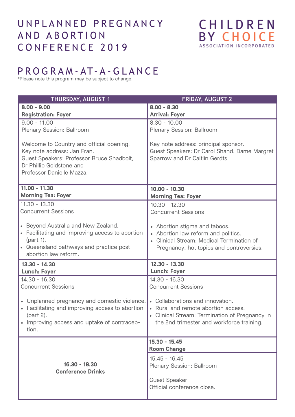 Unplanned Pregnancy and Abortion Conference 2019 Program-At-A-Glance