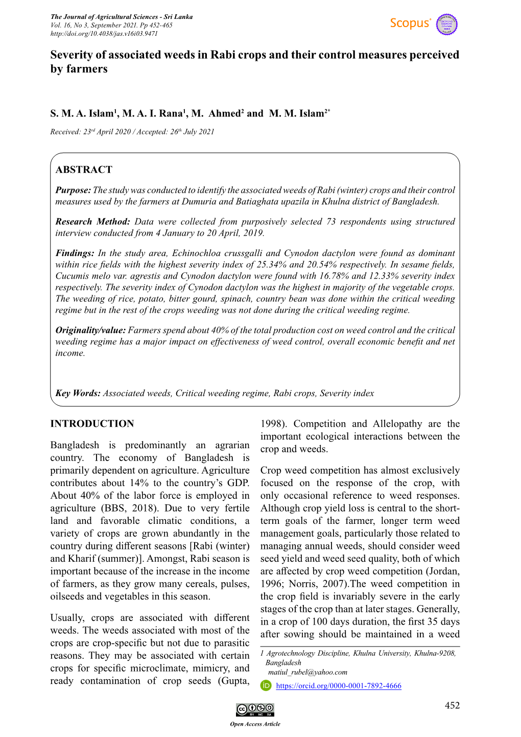 Severity of Associated Weeds in Rabi Crops and Their Control Measures Perceived by Farmers