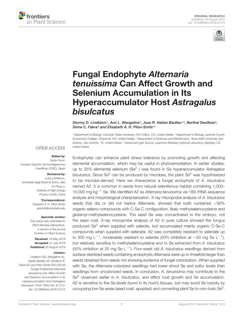 Fungal Endophyte Alternaria Tenuissima Can Affect Growth and Selenium Accumulation in Its Hyperaccumulator Host Astragalus Bisulcatus