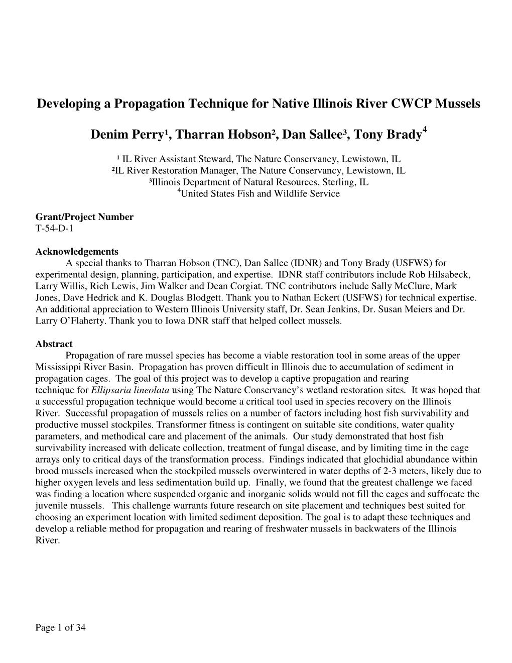 Developing a Propagation Technique for Native Illinois River CWCP Mussels