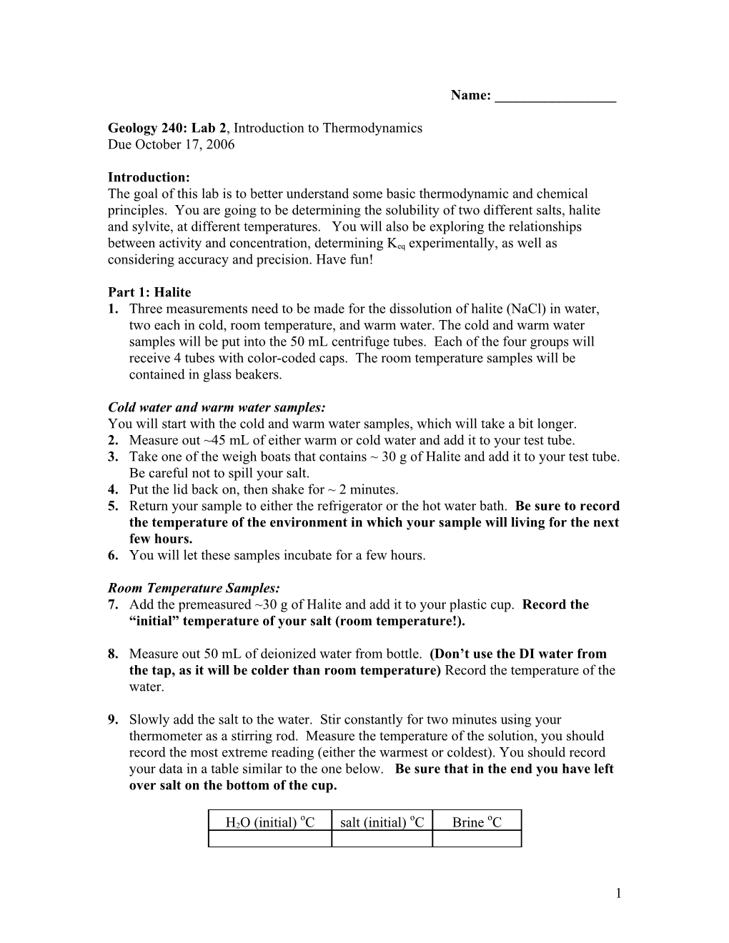 Geology 240: Lab 2 , Introduction to Thermodynamics