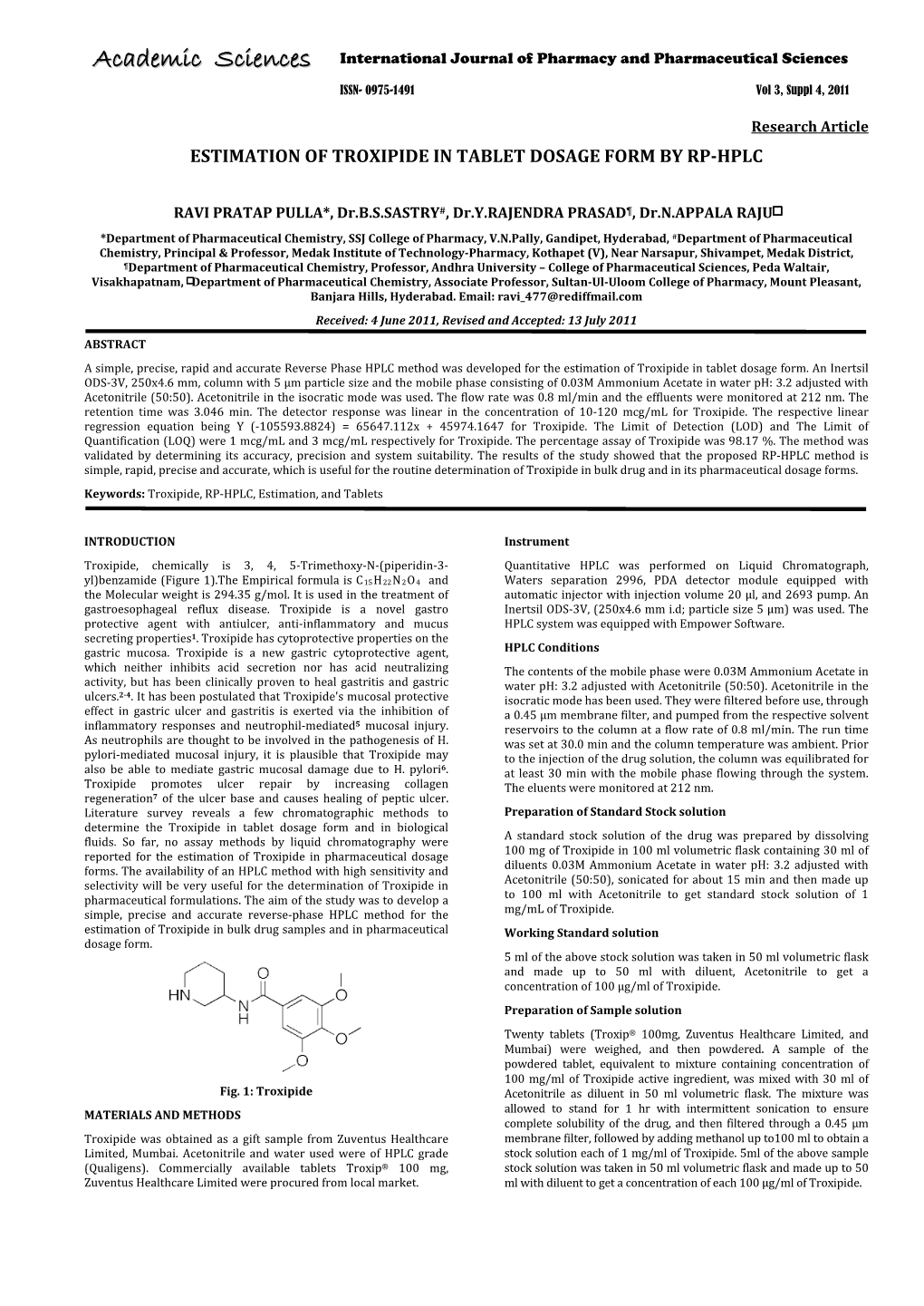 Estimation of Troxipide in Tablet Dosage Form by Rp-Hplc